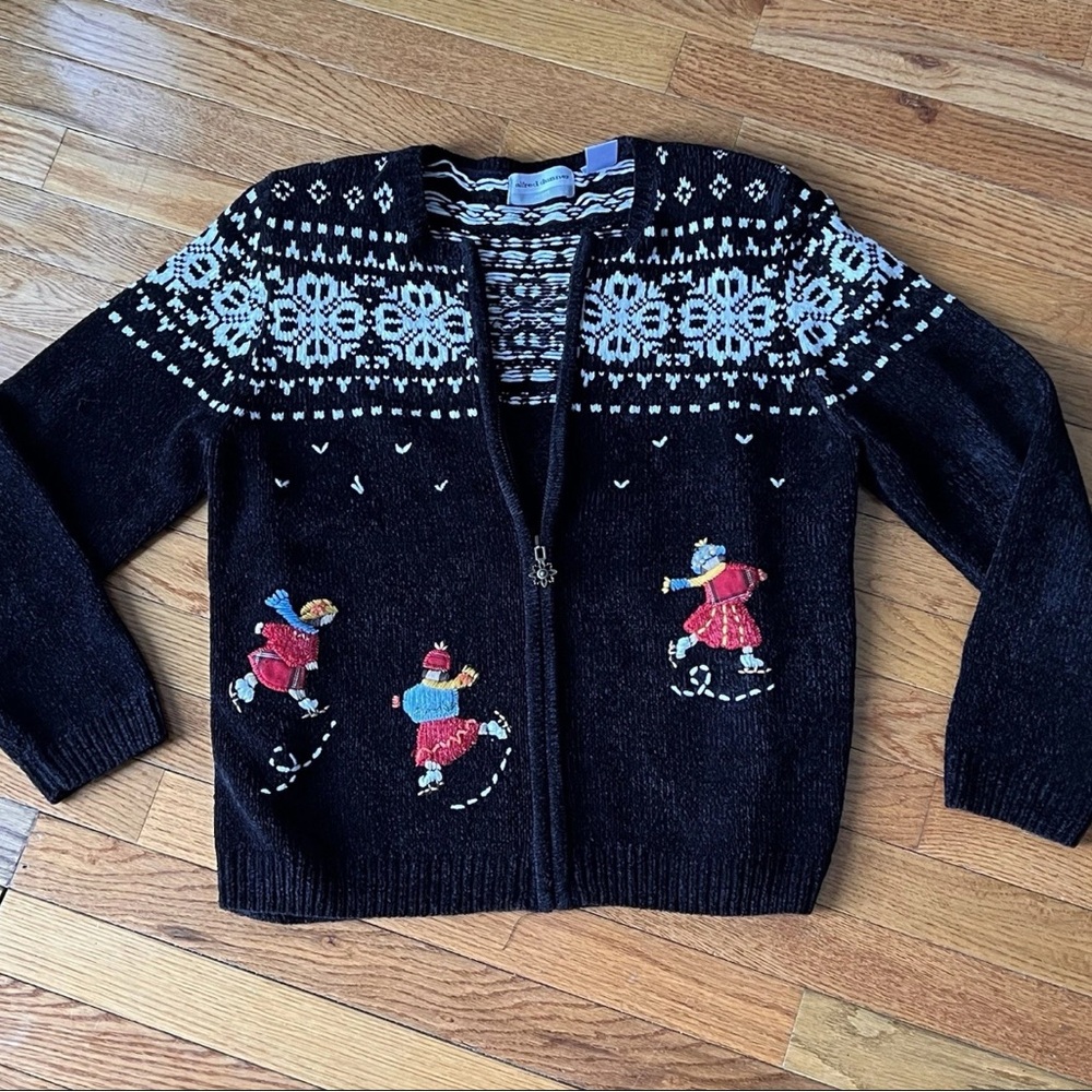 Vtg Alfred Dunner Womens PXL Black Chenille Snowflake Ice Skating Zip Up Sweater